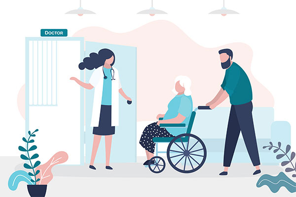 Man pushing a lady in a wheelchair to a doctor appointment